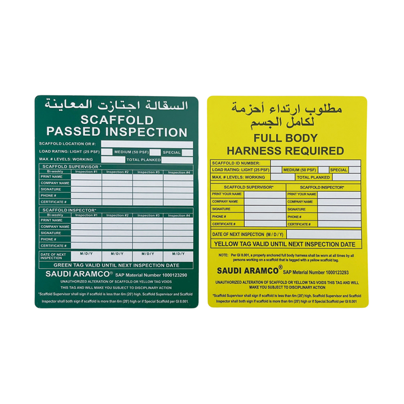 Étiquettes d'échafaudage sécurisées OP023, finition mate, durables pour l'extérieur